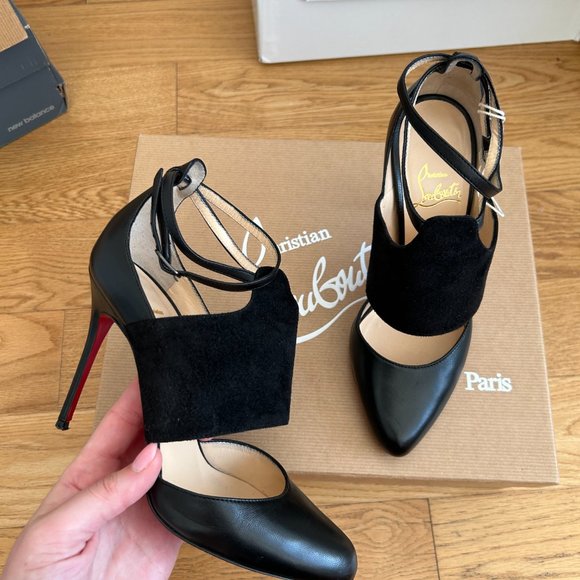 Christian Louboutin Trotter Banded Strappy Pumps Black Leather Suede Ankle Wrap - Picture 5 of 15